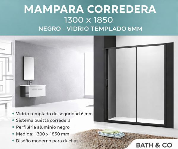 MAMPARA CORREDERA 1300X1850 NEGRO TEMPLADO 6MM BATH CO.
